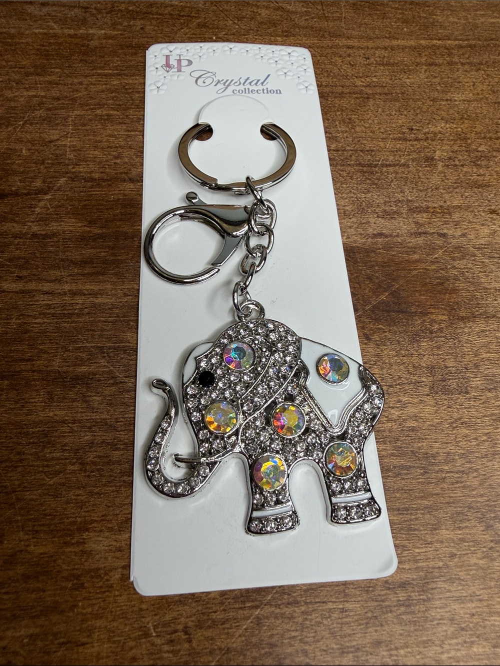 Iridescent White Elephant Bag Charm Keychain - Silver tone